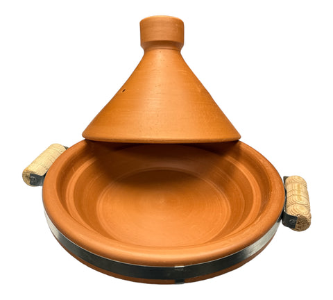 Tagine Clay Pot Natural with Metal Belt & wood hand 35cm