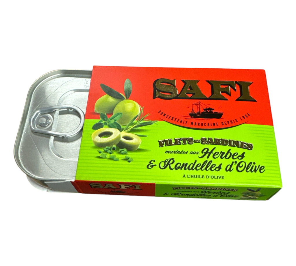 Safi Filets Sardine in Olive Oil with Herbes& slices green olives 105g FOODS ZaytunaMart.ca