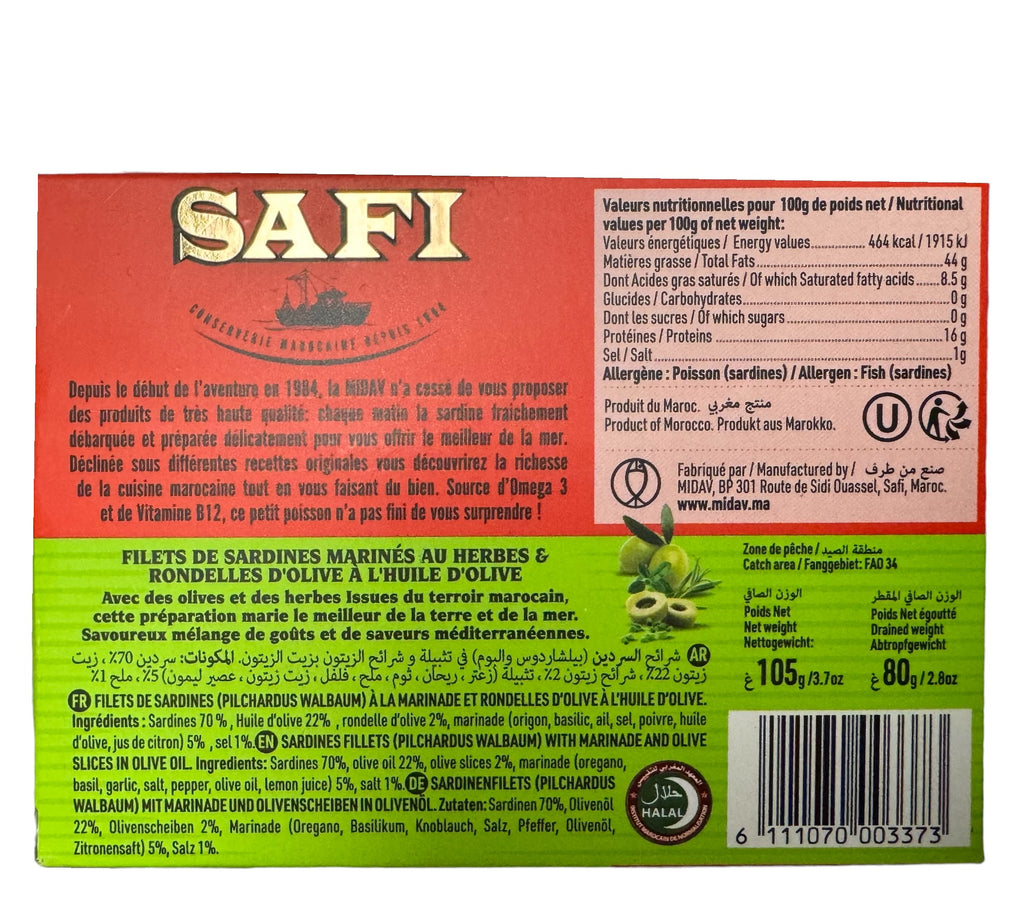 Safi Filets Sardine in Olive Oil with Herbes& slices green olives 105g FOODS ZaytunaMart.ca