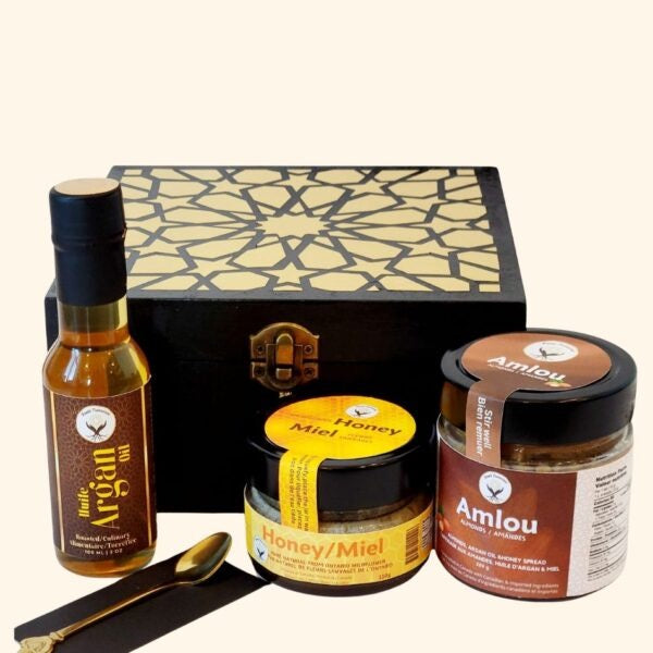 Root Treasures Crafted Wooden Gift Boxe with 200g Amlou, 100ml Argan Oil, 110g wildflower Honey and Golden Spoon. FOODS Zaytunamart.ca