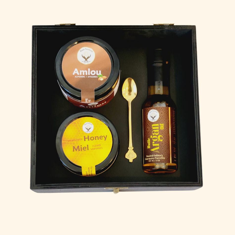 Root Treasures Crafted Wooden Gift Boxe with 200g Amlou, 100ml Argan Oil, 110g wildflower Honey and Golden Spoon. FOODS Zaytunamart.ca